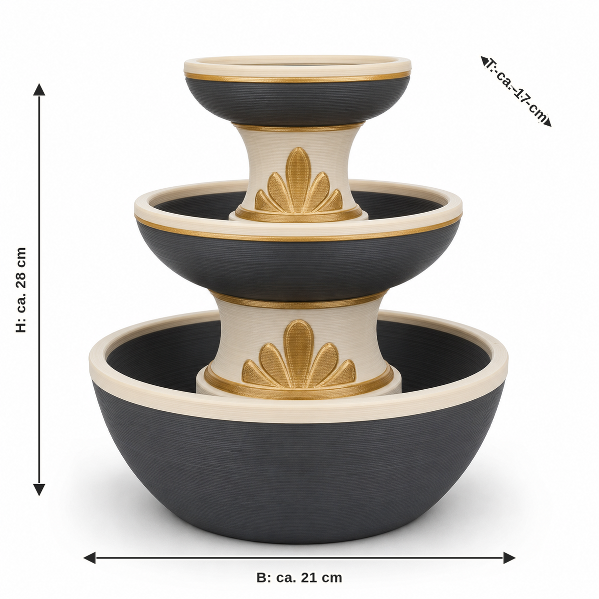 Maßbild für Zimmerbrunnen Goldkaskade: Breite ca. 21 cm, Tiefe ca. 17 cm, Höhe ca. 28 cm