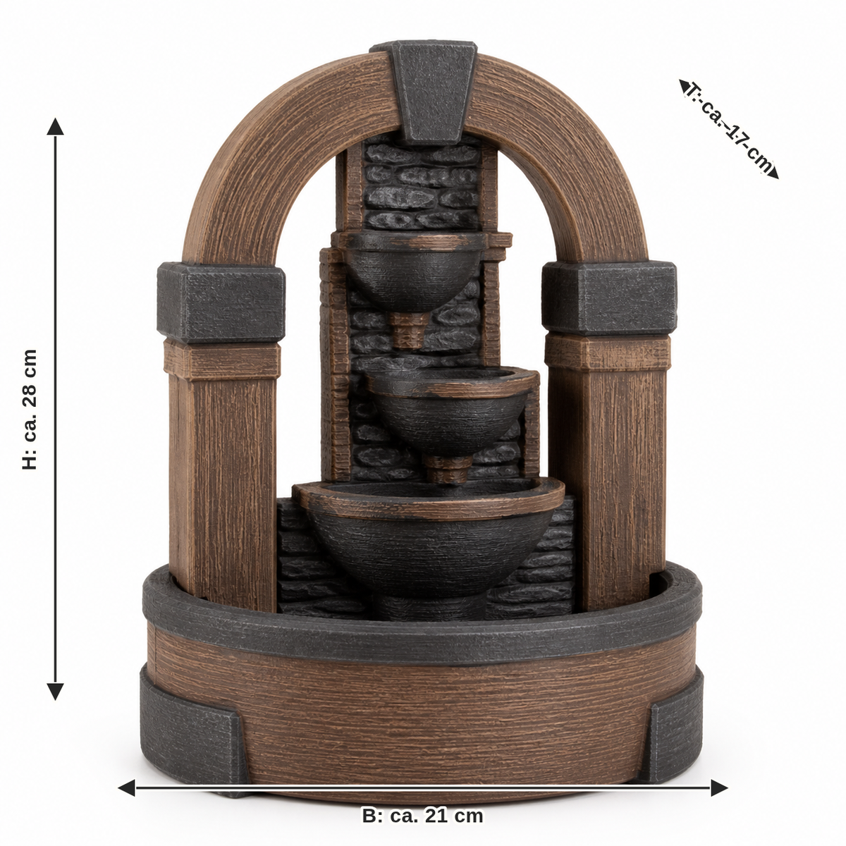 Dimensional image for indoor fountains hut arch: width approx. 21 cm, depth approx. 17 cm, height approx. 28 cm