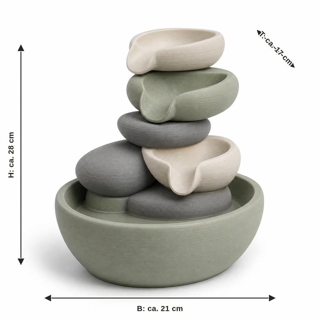 Measurement for indoor fountains in a quiet stone look: width approx. 21 cm, depth approx. 17 cm, height approx. 28 cm