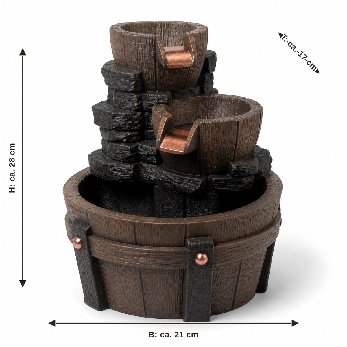 Measurement image for indoor fountains copper barrels: width approx. 21 cm, depth approx. 17 cm, height approx. 28 cm