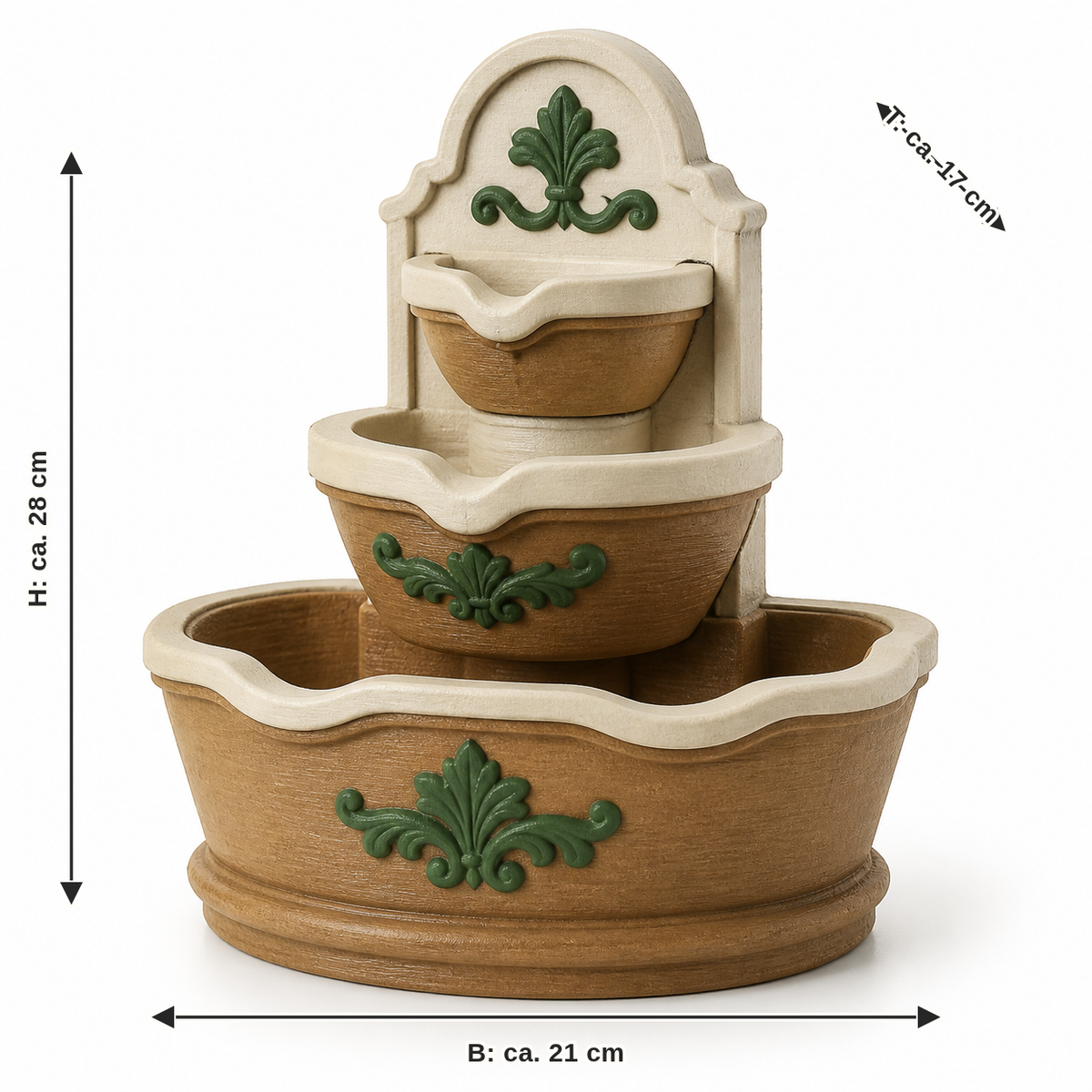 Dimensional image for indoor fountains with three flower bowls: width approx. 21 cm, depth approx. 17 cm, height approx. 28 cm