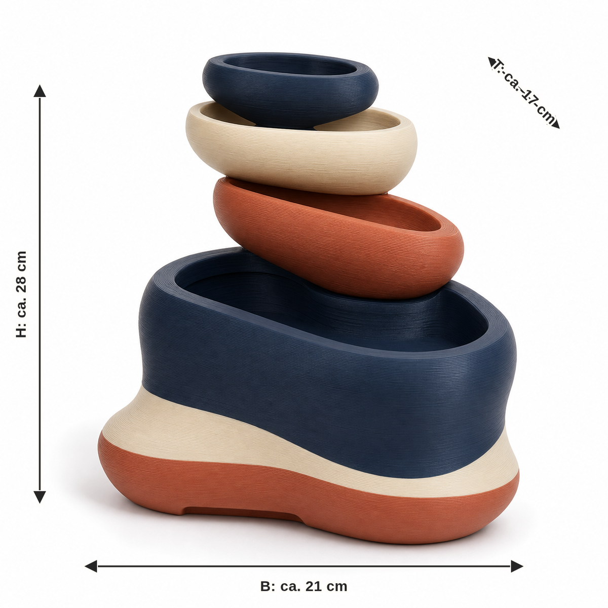 Dimensional image for indoor fountains with stacked colour shells: width about 21 cm, depth about 17 cm, height about 28 cm