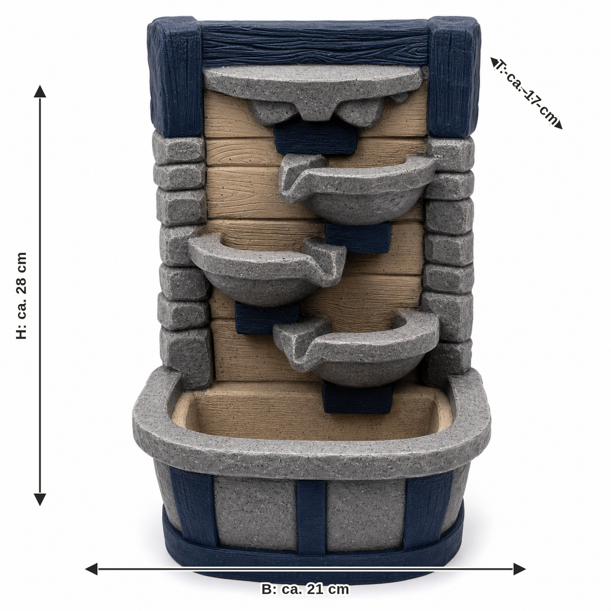 Dimensional image for indoor fountains north wall: width approx. 21 cm, depth approx. 17 cm, height approx. 28 cm