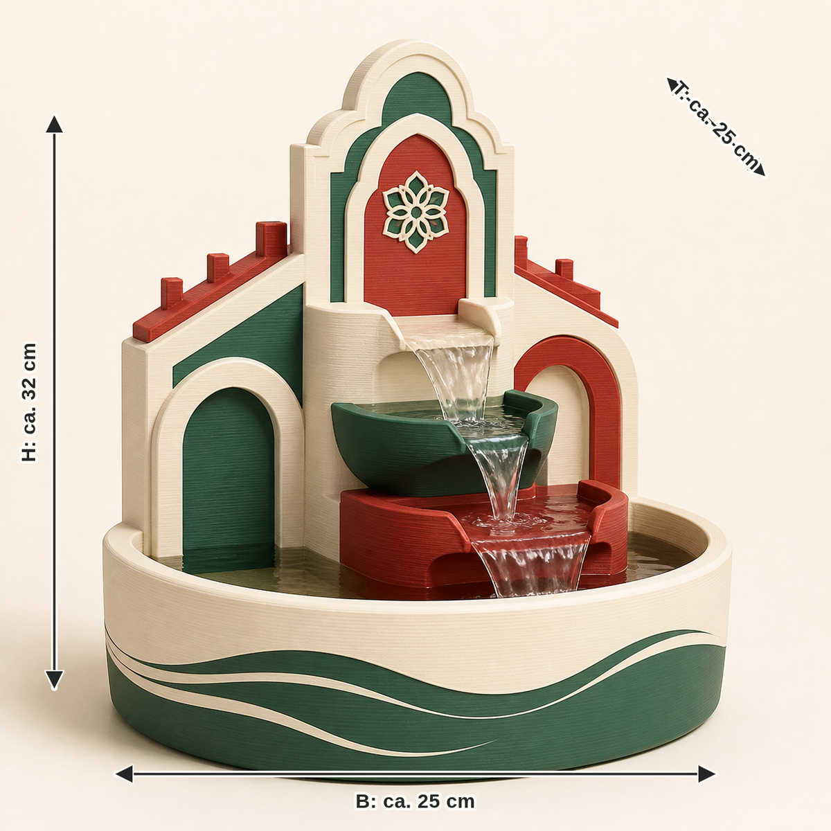 Dimensional image for indoor fountains Salzachstufen – Salzburg: width about 25 cm, depth about 25 cm, height about 32 cm
