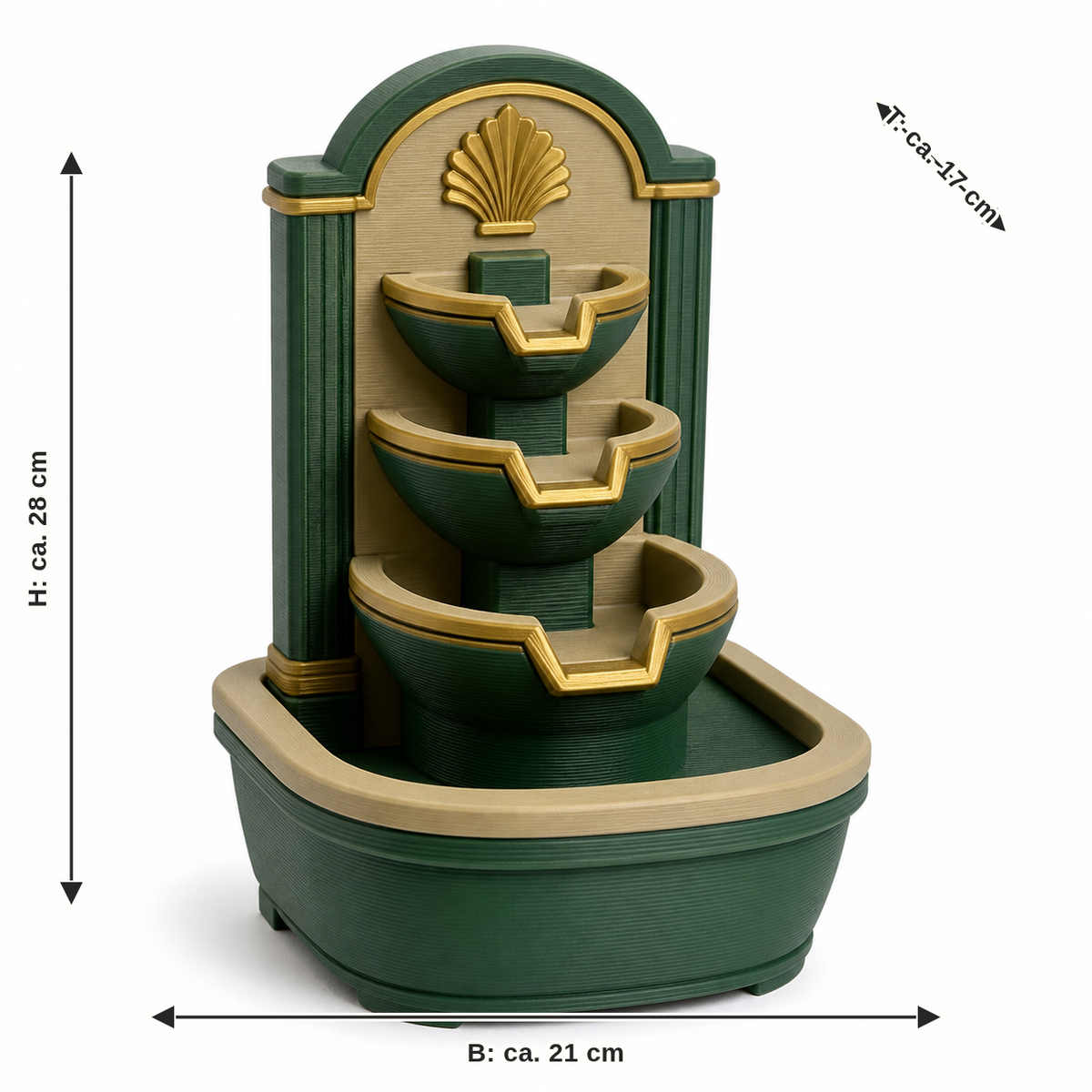 Maßbild für Zimmerbrunnen Smaragdpalais: Breite ca. 21 cm, Tiefe ca. 17 cm, Höhe ca. 28 cm