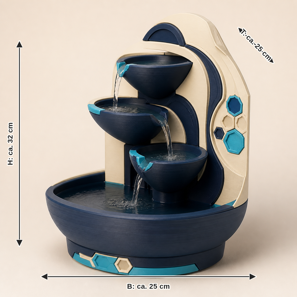 Maßbild für Zimmerbrunnen Stufenkaskade – Futuristisch: Breite ca. 25 cm, Tiefe ca. 25 cm, Höhe ca. 32 cm