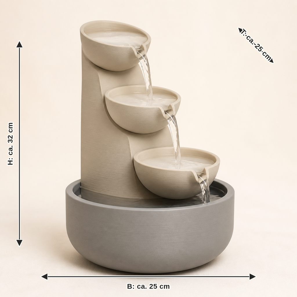 Maßbild für Zimmerbrunnen Stufenkaskade – Minimalistisch: Breite ca. 25 cm, Tiefe ca. 25 cm, Höhe ca. 32 cm