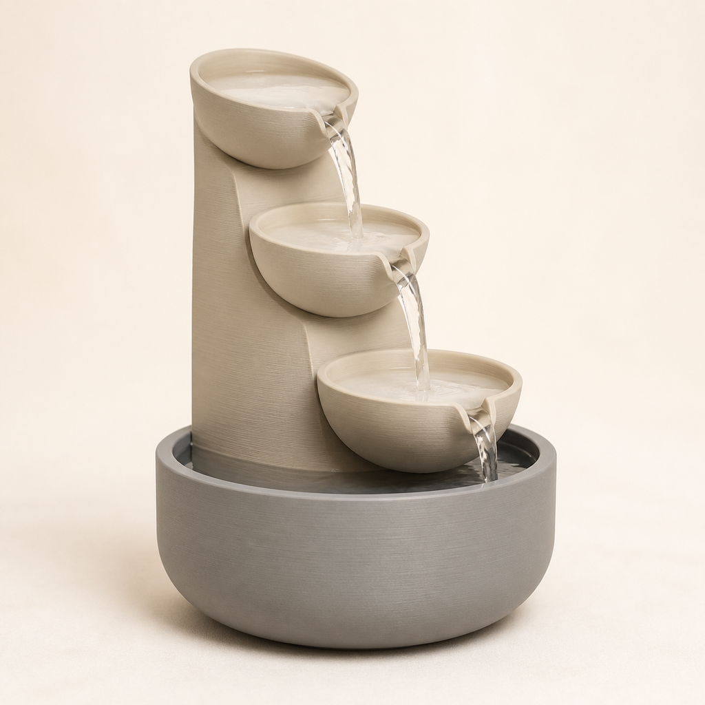 Zimmerbrunnen Stufenkaskade – Minimalistisch aus PETG auf hellem Studiohintergrund