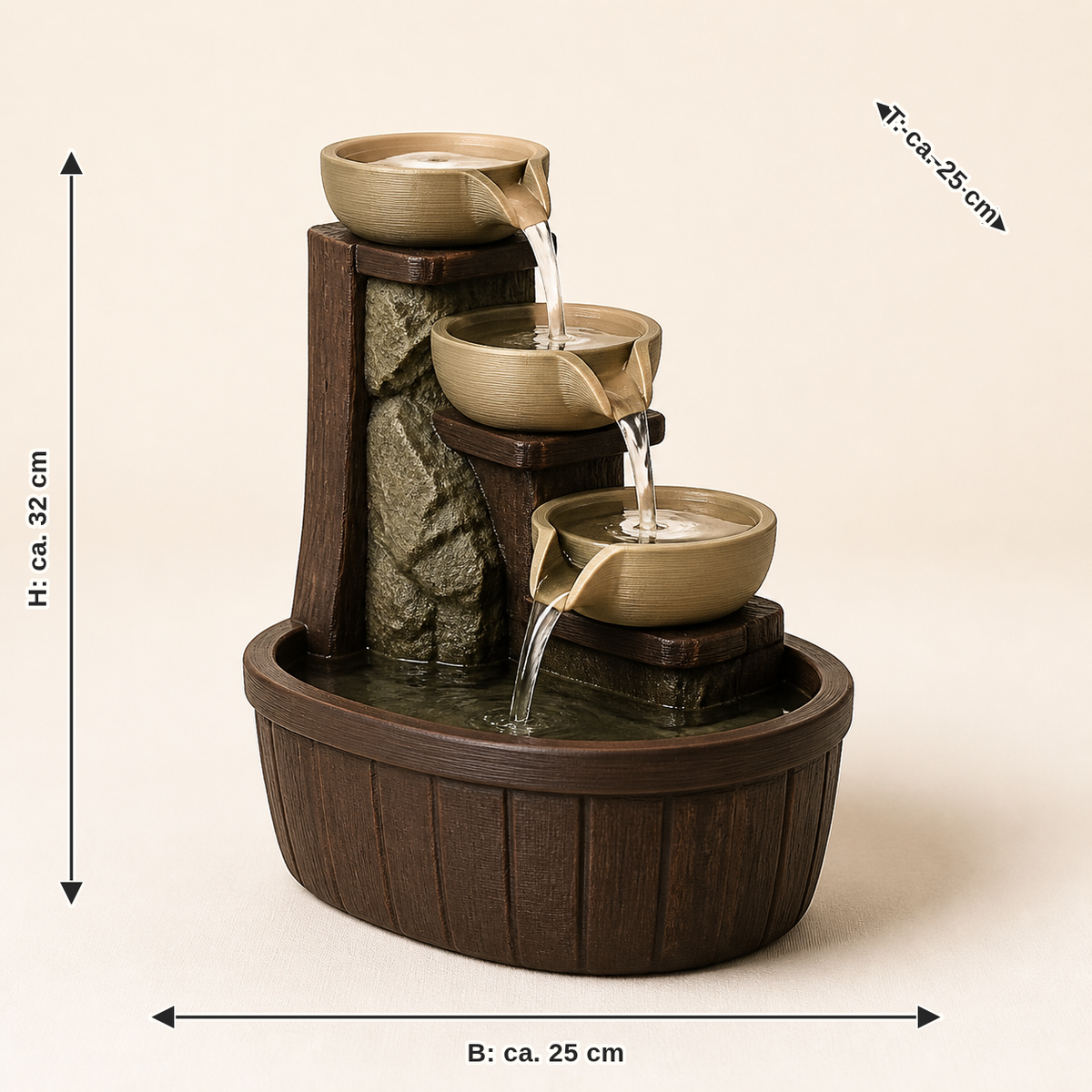 Maßbild für Zimmerbrunnen Stufenkaskade – Urig: Breite ca. 25 cm, Tiefe ca. 25 cm, Höhe ca. 32 cm