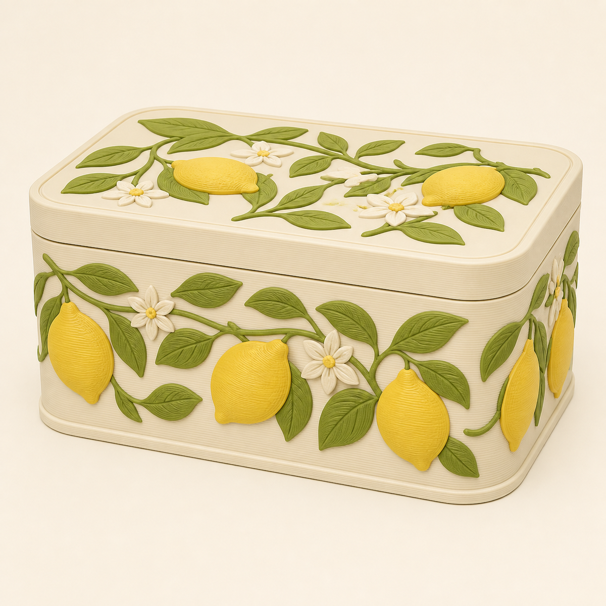 Lemon storage box in 3D-printed PETG in warm white, lemon yellow, leafy green