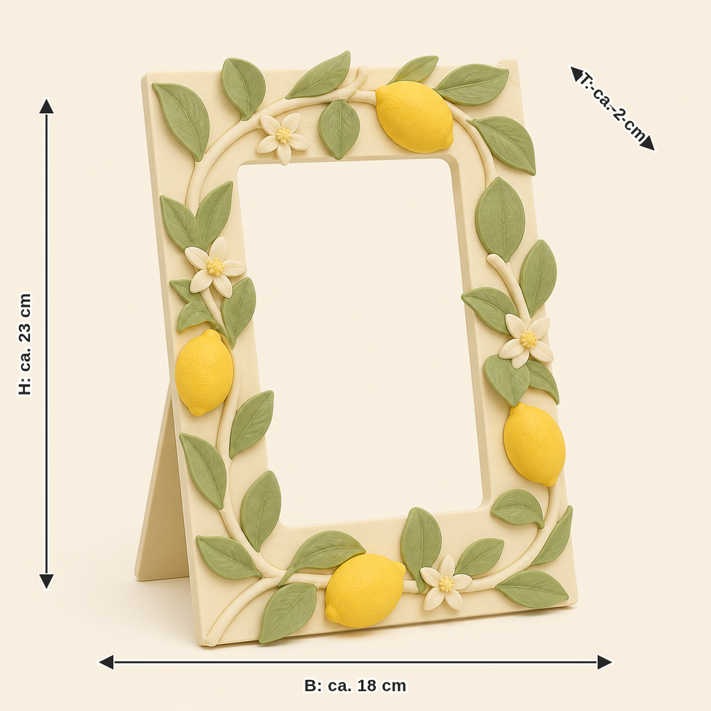 Dimensional image for lemon photo frame Summer grove: width approx. 18 cm, depth approx. 2 cm, height approx. 23 cm
