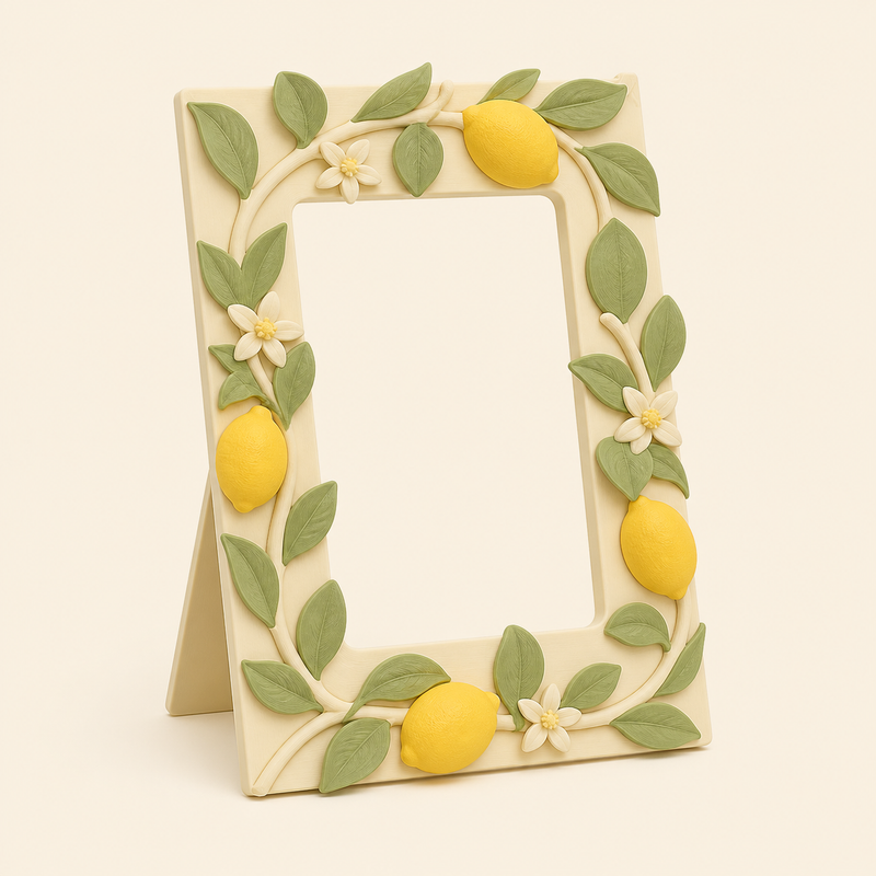 Lemon photo frame Summer grove in 3D printed PETG in cream, Sun yellow, sage green