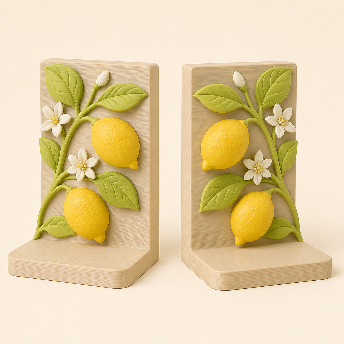 Lemon-Bookends-Pair 3D printed flower bowl PETG in sand beige, lime green, warm white