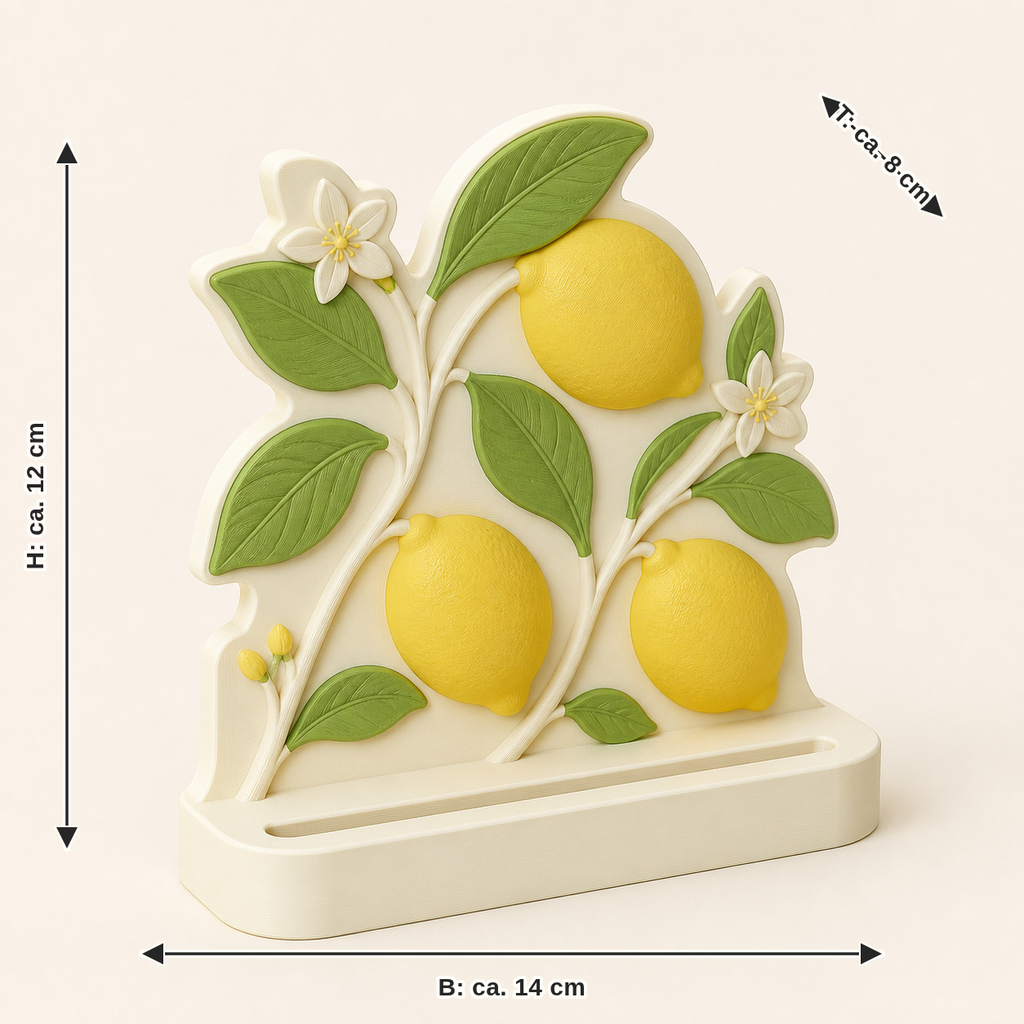 Dimensional image for lemon photo holder garden fruit: width approx. 14 cm, depth approx. 8 cm, height approx. 12 cm