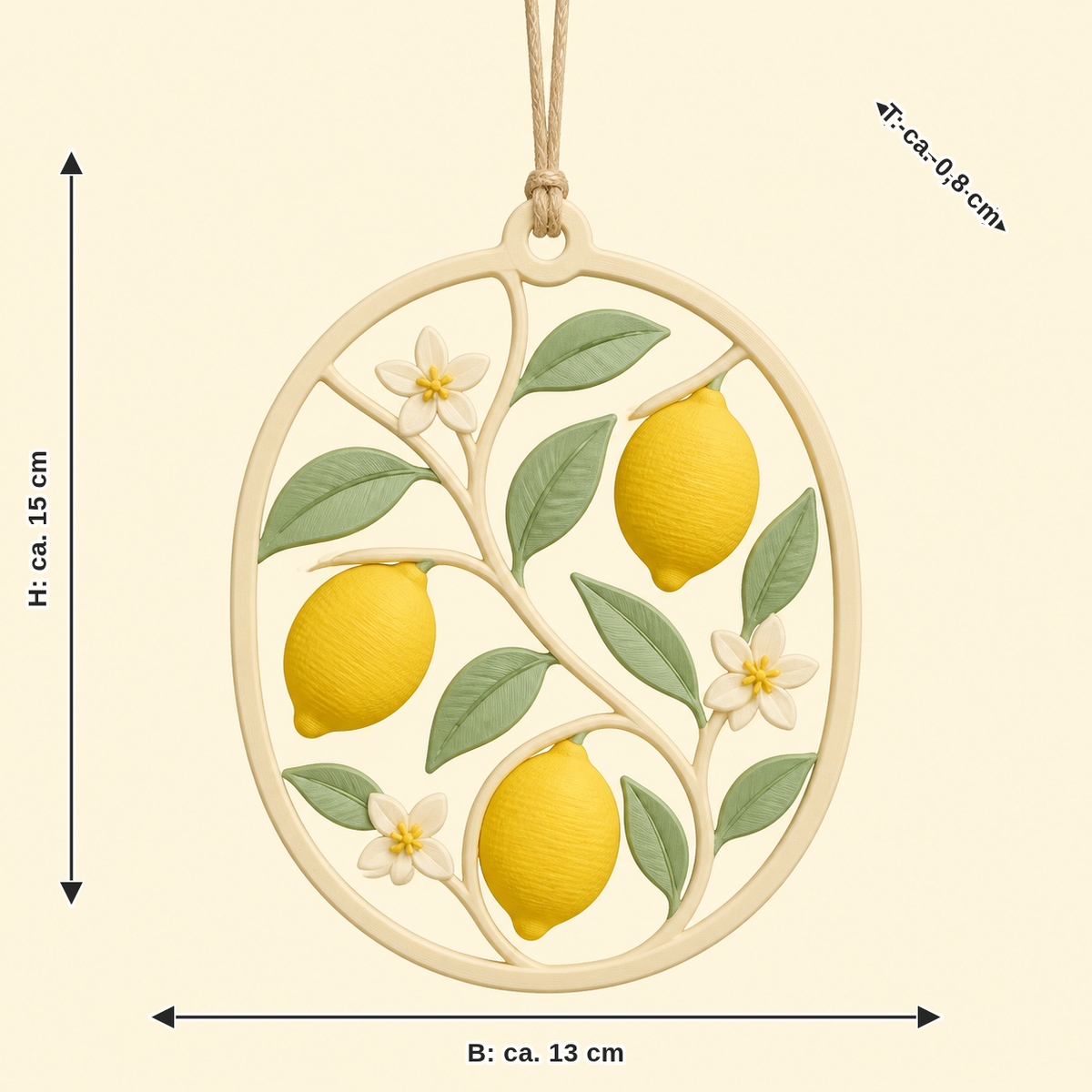 Measurement for lemon-hanging decoration Citrus blossom: width approx. 13 cm, depth approx. 0.8 cm, height approx. 15 cm