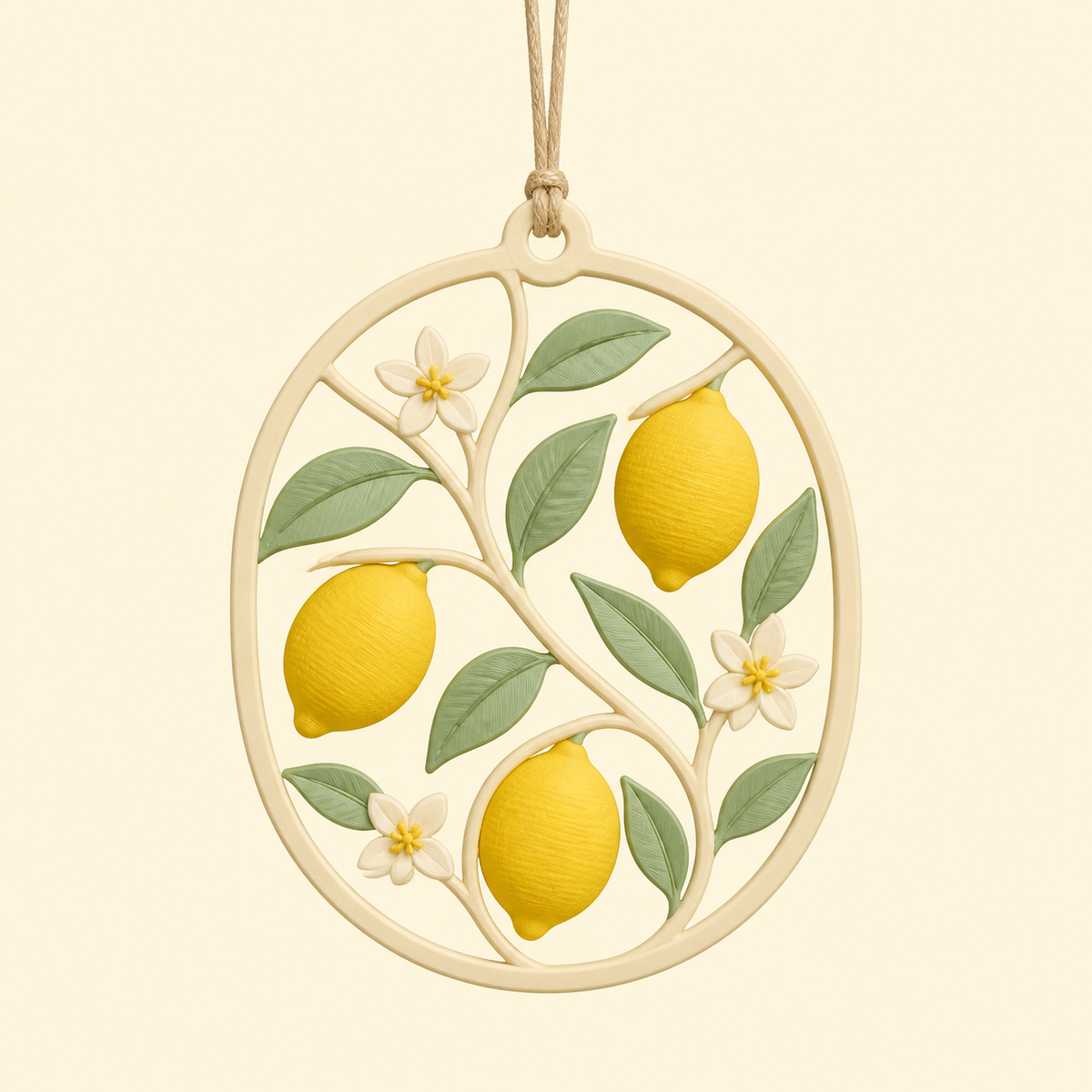 Lemon-hanging decoration Citrus flower in 3D-printed PETG in cream, Sun yellow, sage green