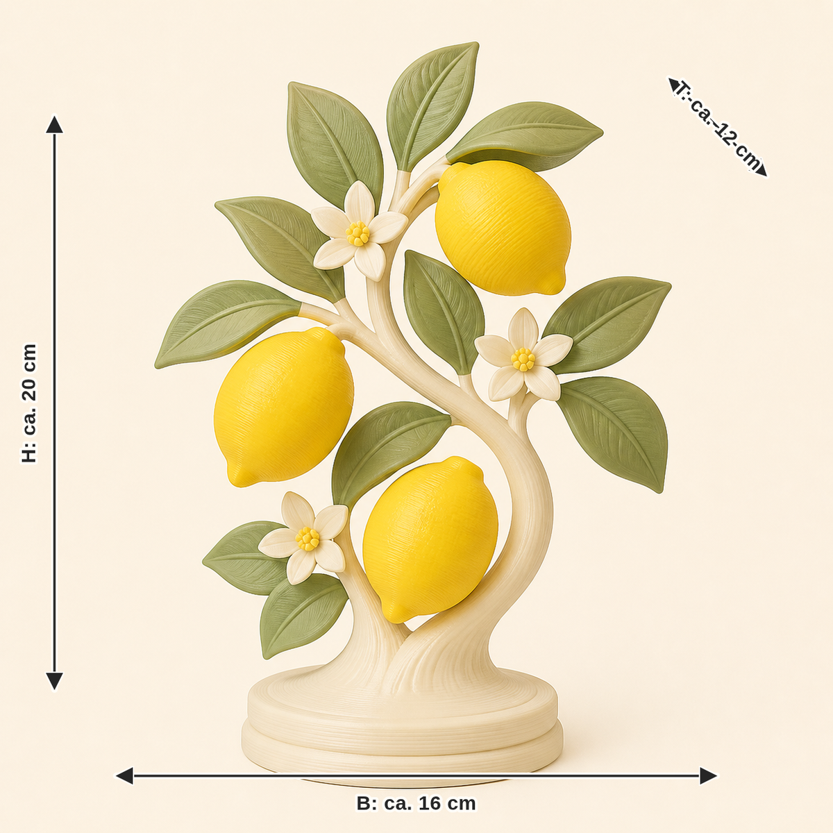 Dimensional image for lemon mini sculpture Golden harvest: width approx. 16 cm, depth approx. 12 cm, height approx. 20 cm