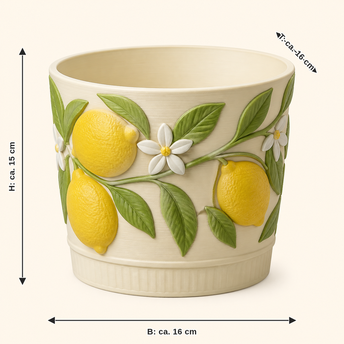 Measurement for lemon planter Sun fruit: width approx. 16 cm, depth approx. 16 cm, height approx. 15 cm