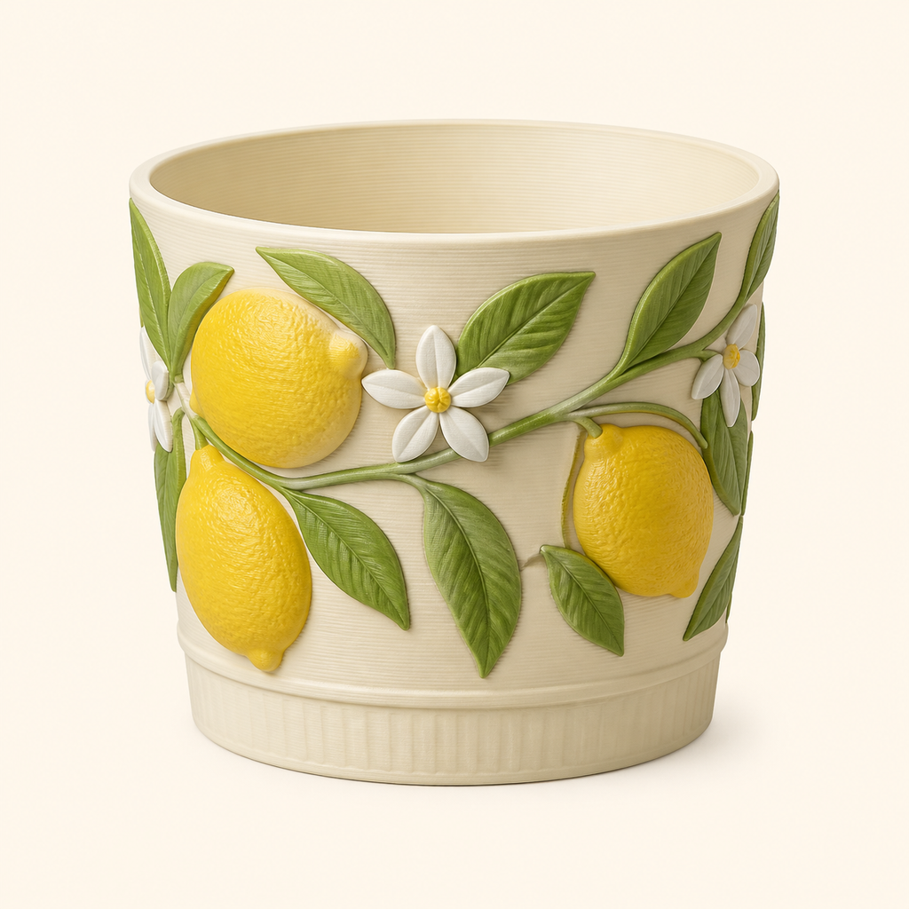 Lemon planter sun fruit from 3D-printed PETG in warm white, lemon yellow, leafy green