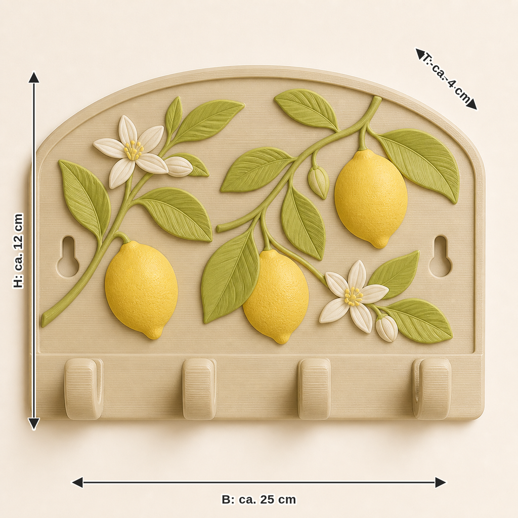 Maßbild für Zitronen-Schlüsselbrett Citruslicht: Breite ca. 25 cm, Tiefe ca. 4 cm, Höhe ca. 12 cm