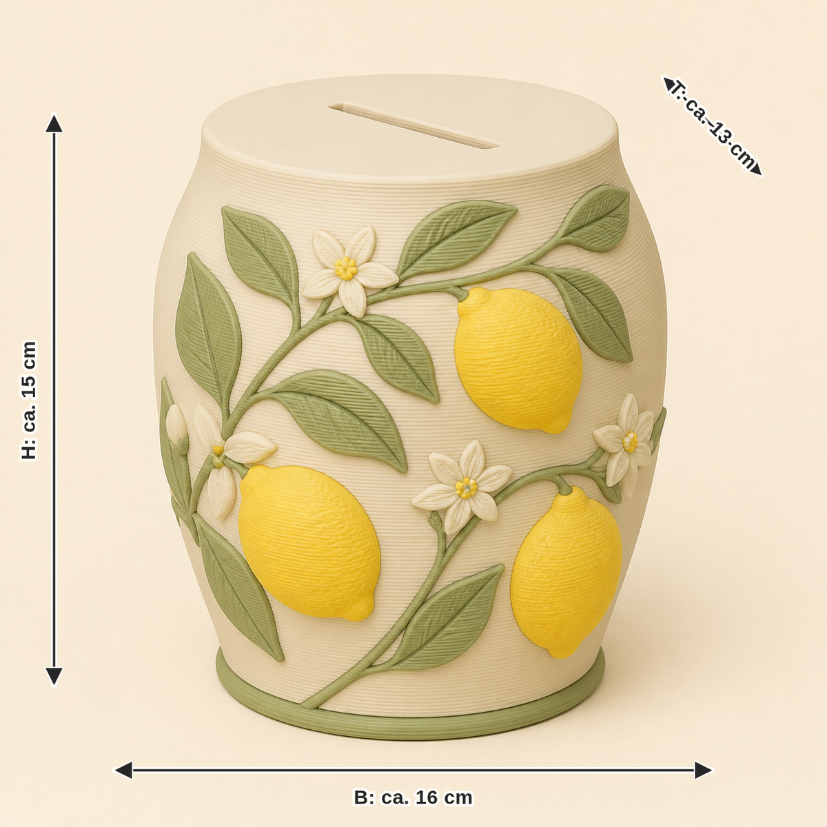 Measurement for lemon money box south slope: width approx. 16 cm, depth approx. 13 cm, height approx. 15 cm