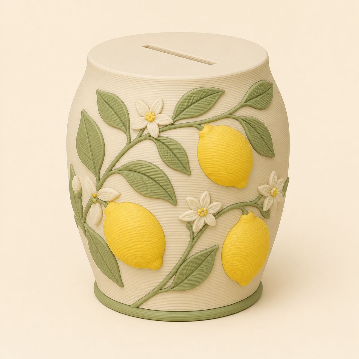 Lemon money box in 3D printed PETG in cream, Sun yellow, sage green