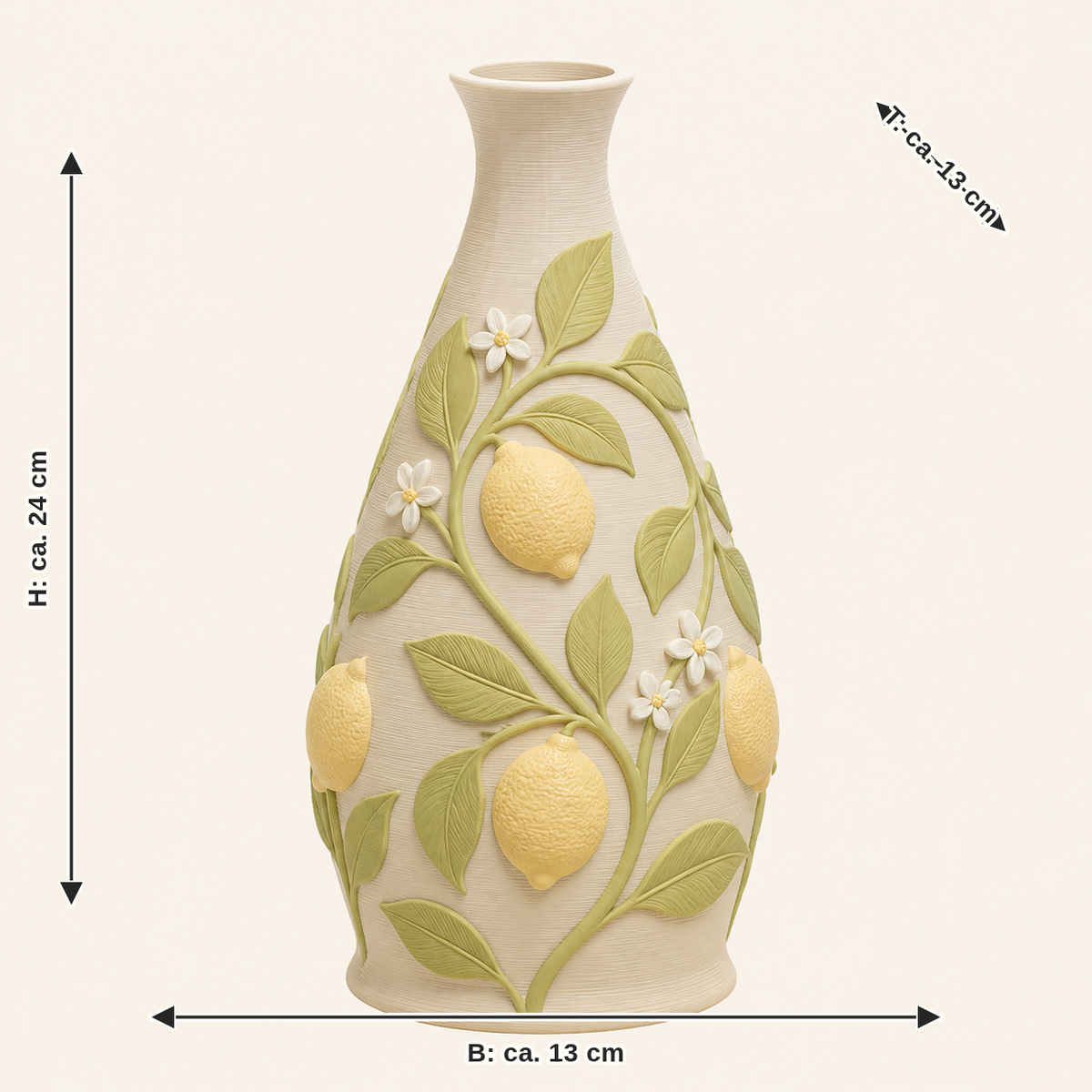 Maßbild für Zitronen-Trockenblumen-Vase Blättertanz: Breite ca. 13 cm, Tiefe ca. 13 cm, Höhe ca. 24 cm