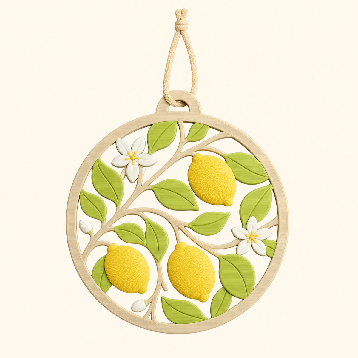 Zitronen-Türhänger Sonnenschale aus 3D-gedrucktem PETG in Sandbeige, Limettengrün, Warmweiß
