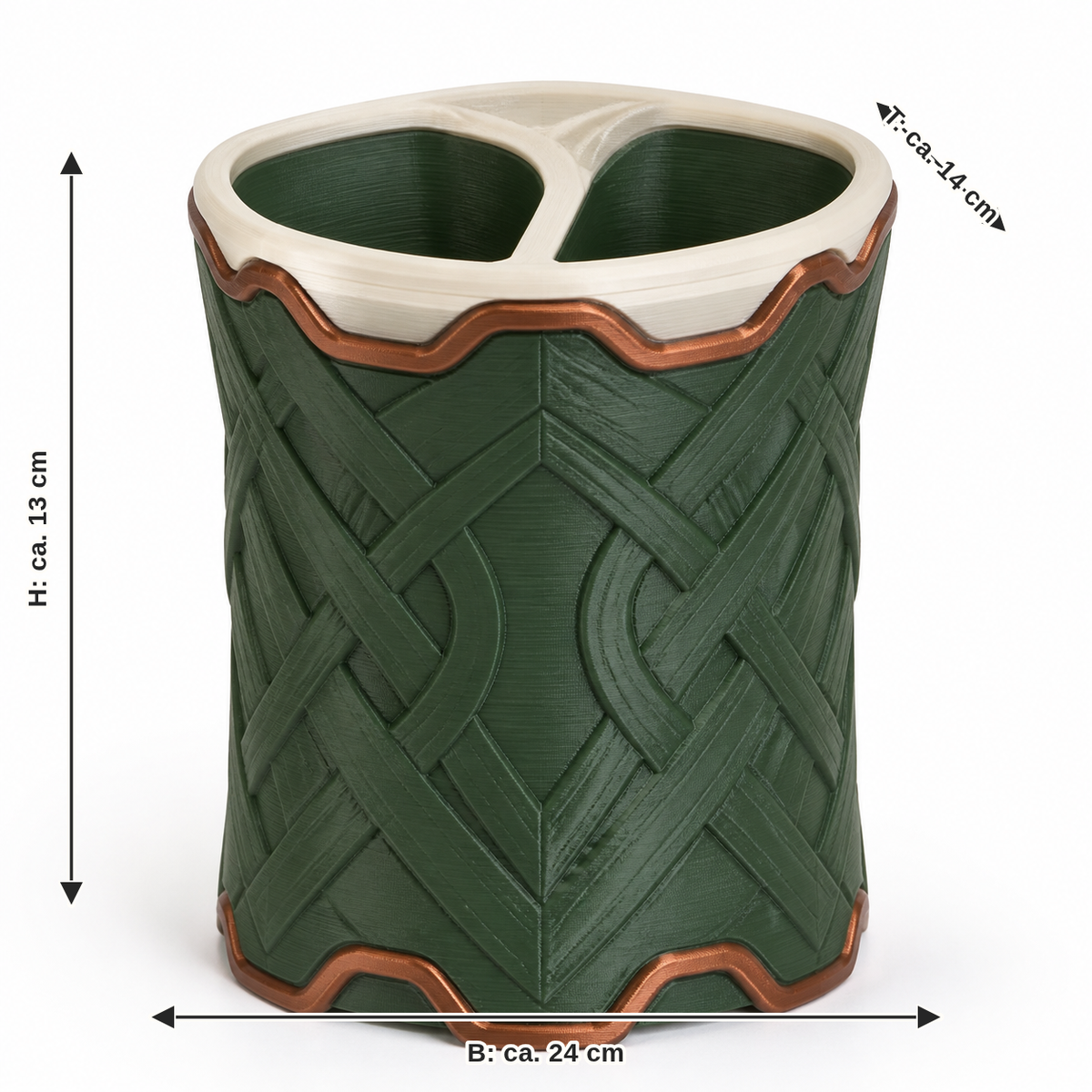 Maßbild für Zweifach-Badorganizer mit Flechtrelief: Breite ca. 24 cm, Tiefe ca. 14 cm, Höhe ca. 13 cm