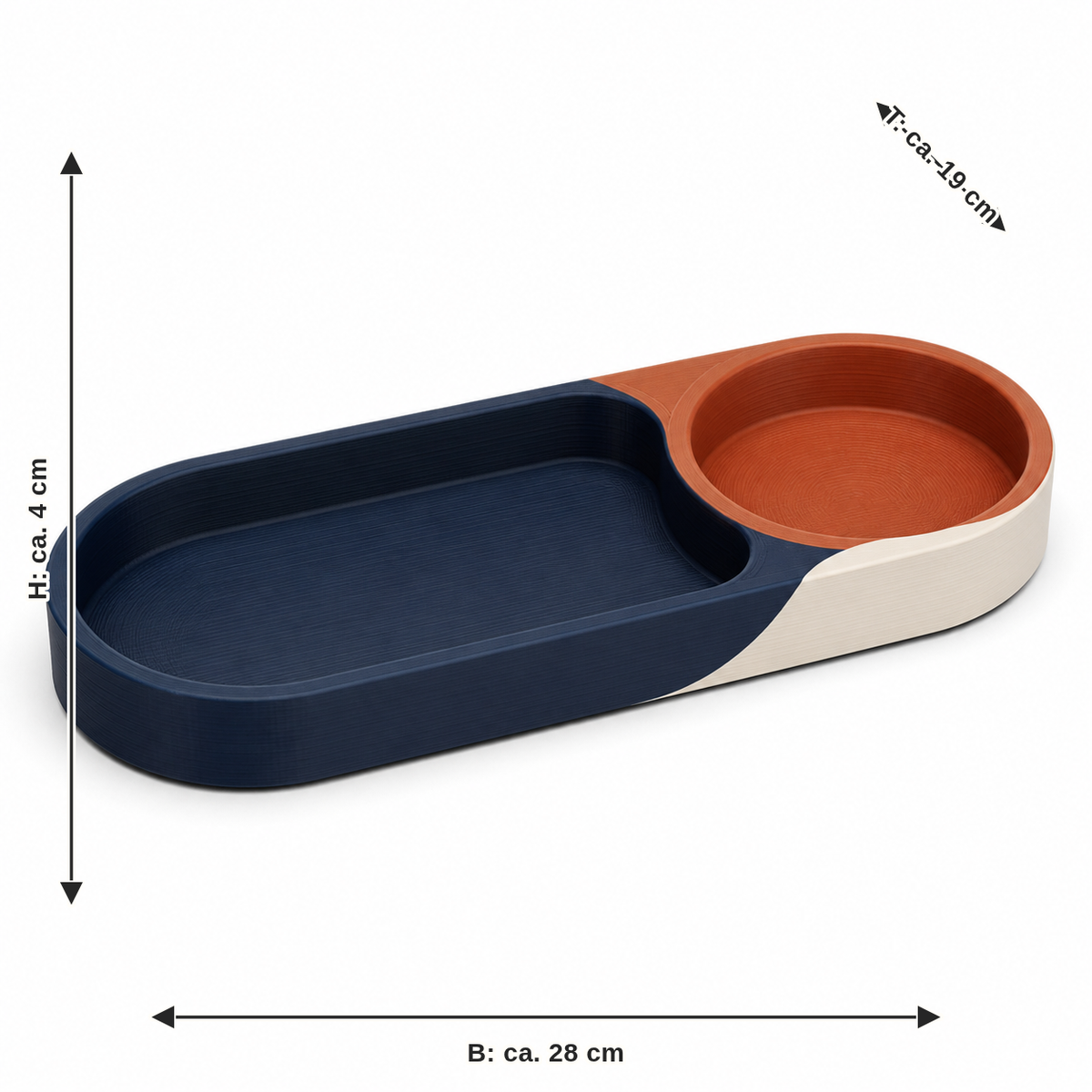 Maßbild für Zweifach-Dekotablett in Navy und Terrakotta: Breite ca. 28 cm, Tiefe ca. 19 cm, Höhe ca. 4 cm