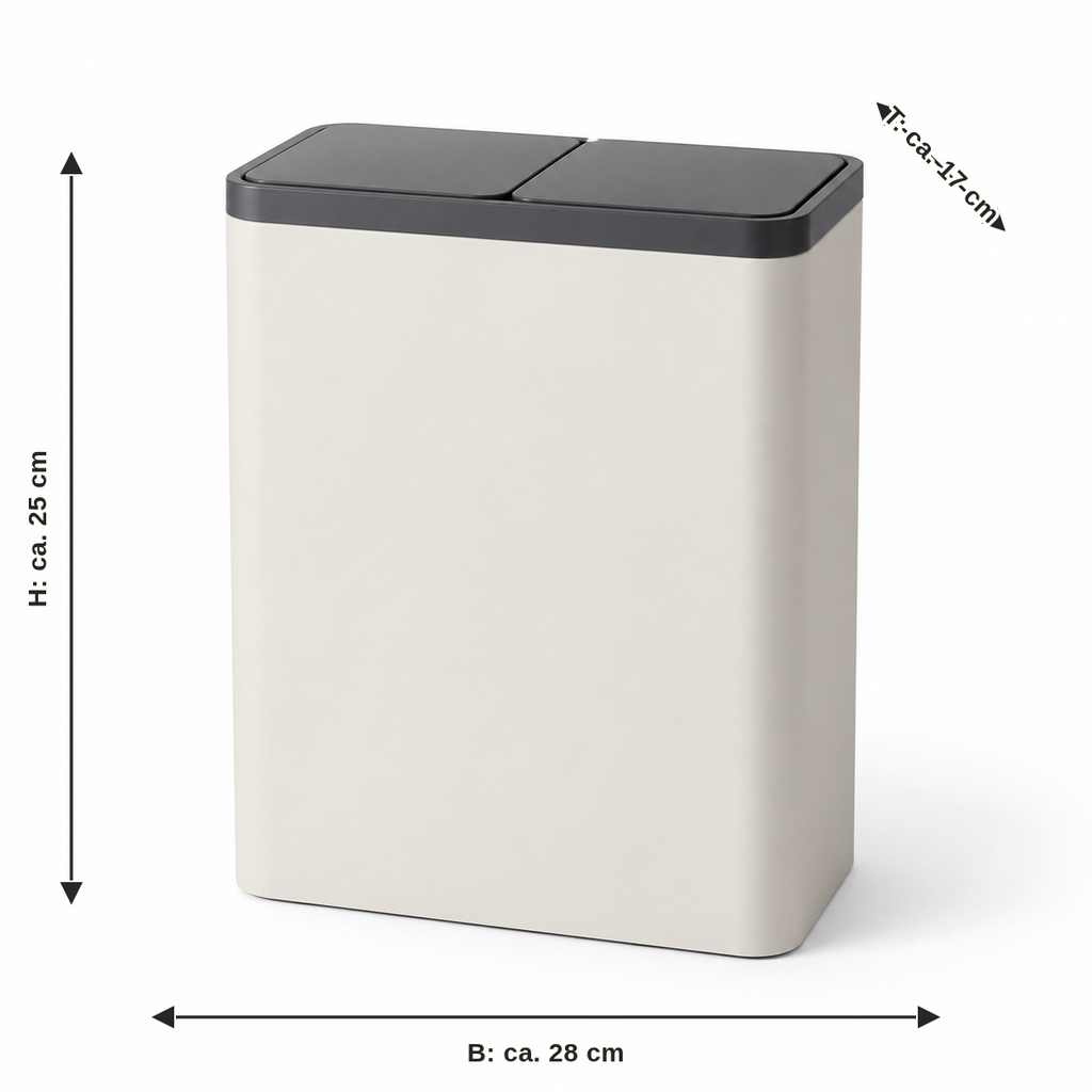 Measurement for double trash buckets in cream and anthracite: width approx. 28 cm, depth approx. 17 cm, height approx. 25 cm