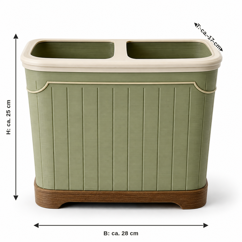 Dimensional image for double sorting containers in country style: width approx. 28 cm, depth approx. 17 cm, height approx. 25 cm