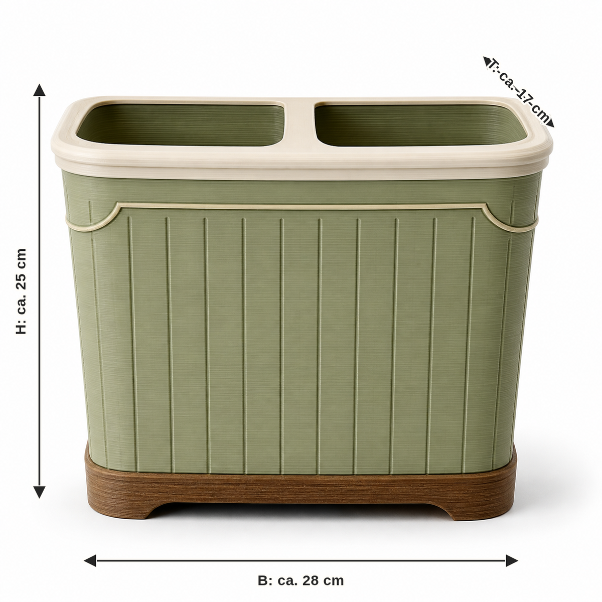 Dimensional image for double sorting containers in country style: width approx. 28 cm, depth approx. 17 cm, height approx. 25 cm