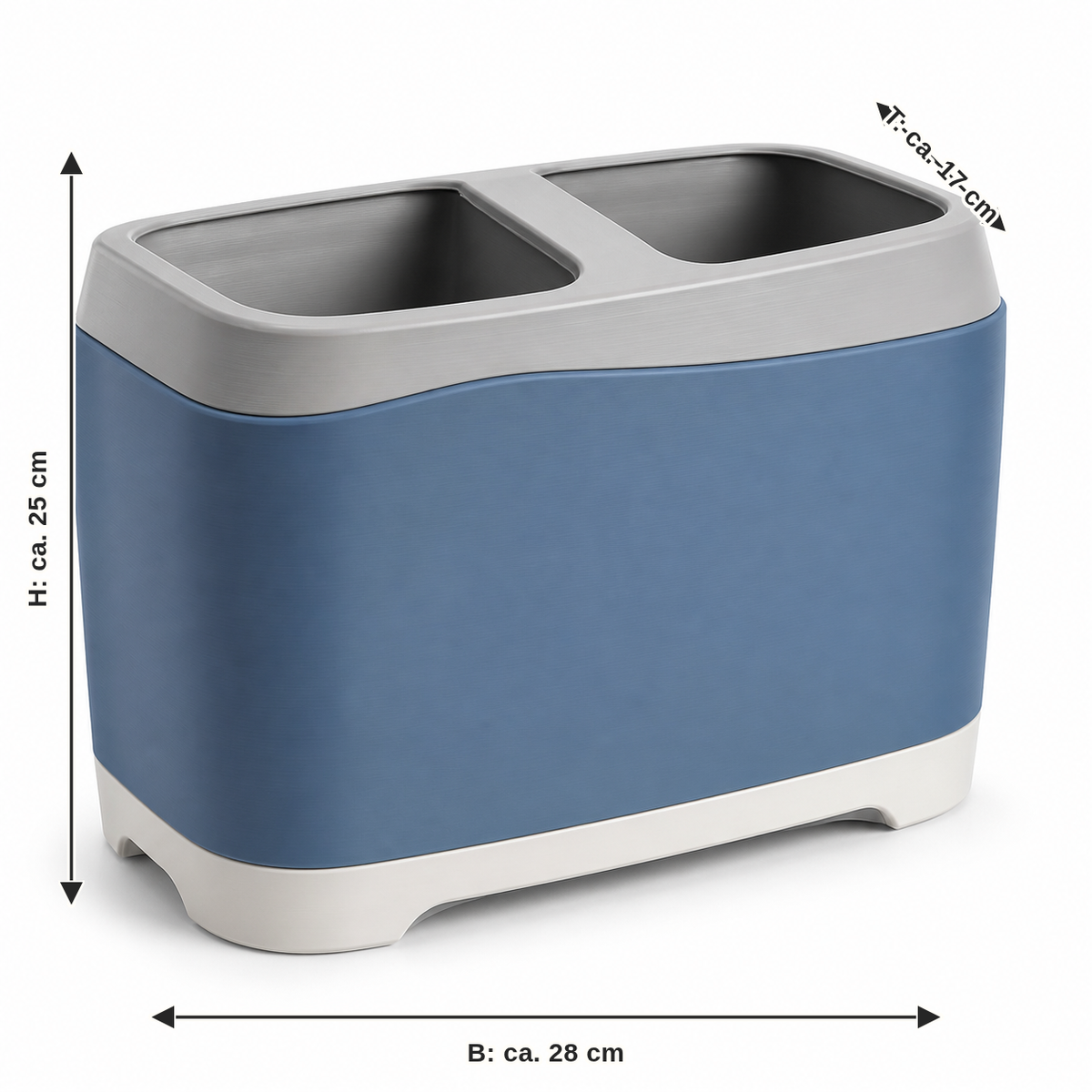 Dimensional image for double sorting containers in blue and grey: width approx. 28 cm, depth approx. 17 cm, height approx. 25 cm