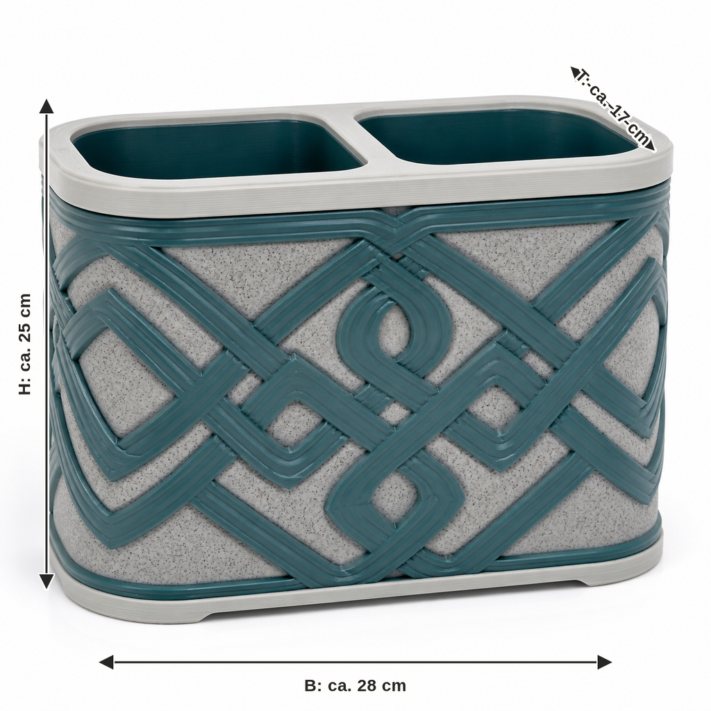 Dimensional image for double sorting containers with continuous nodes: width approx. 28 cm, depth approx. 17 cm, height approx. 25 cm