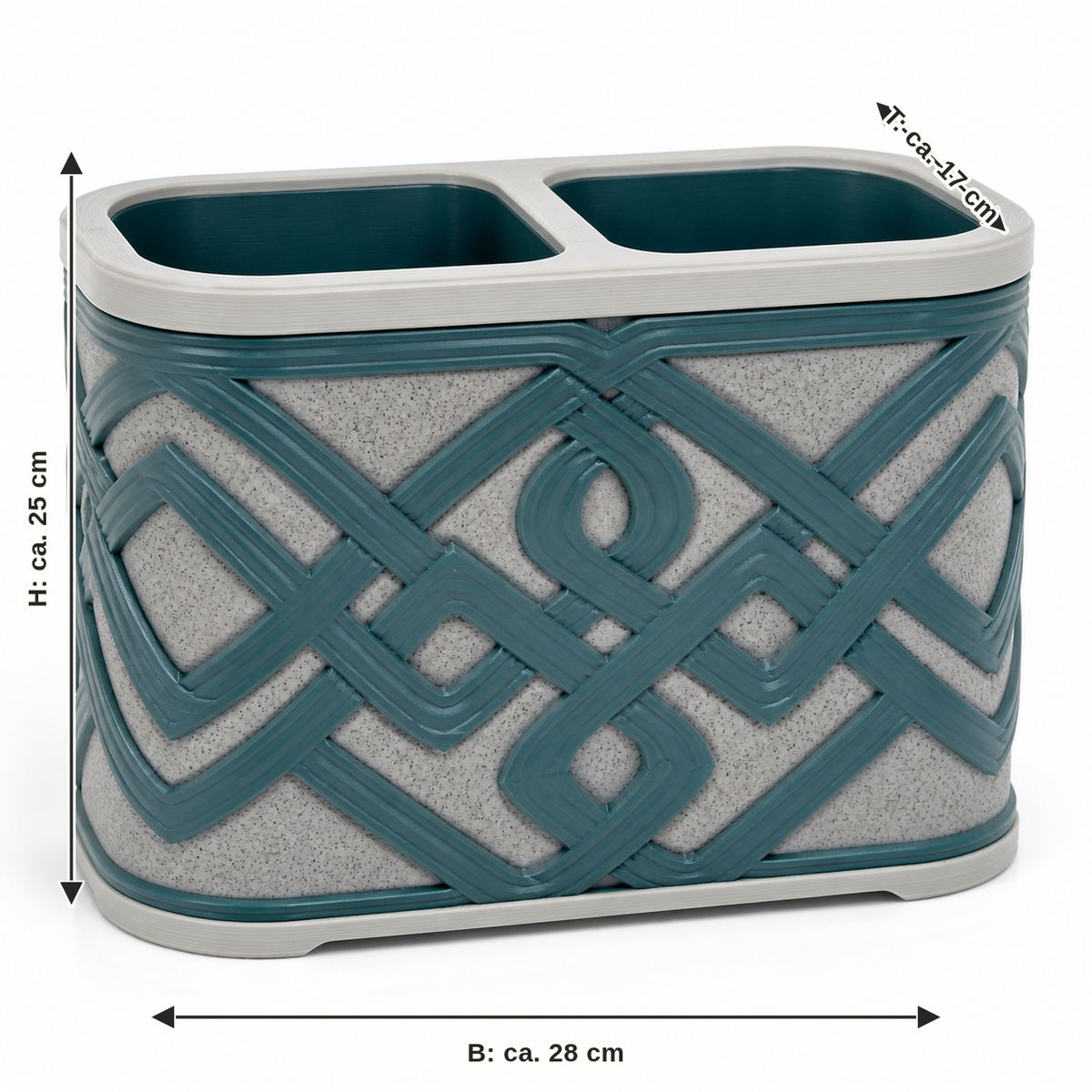 Dimensional image for double sorting containers with continuous nodes: width approx. 28 cm, depth approx. 17 cm, height approx. 25 cm