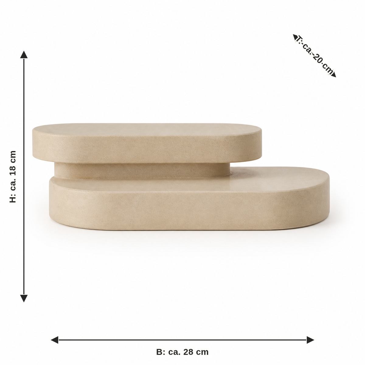 Maßbild für Zweistufiges Display-Podest in Sandbeige: Breite ca. 28 cm, Tiefe ca. 20 cm, Höhe ca. 18 cm