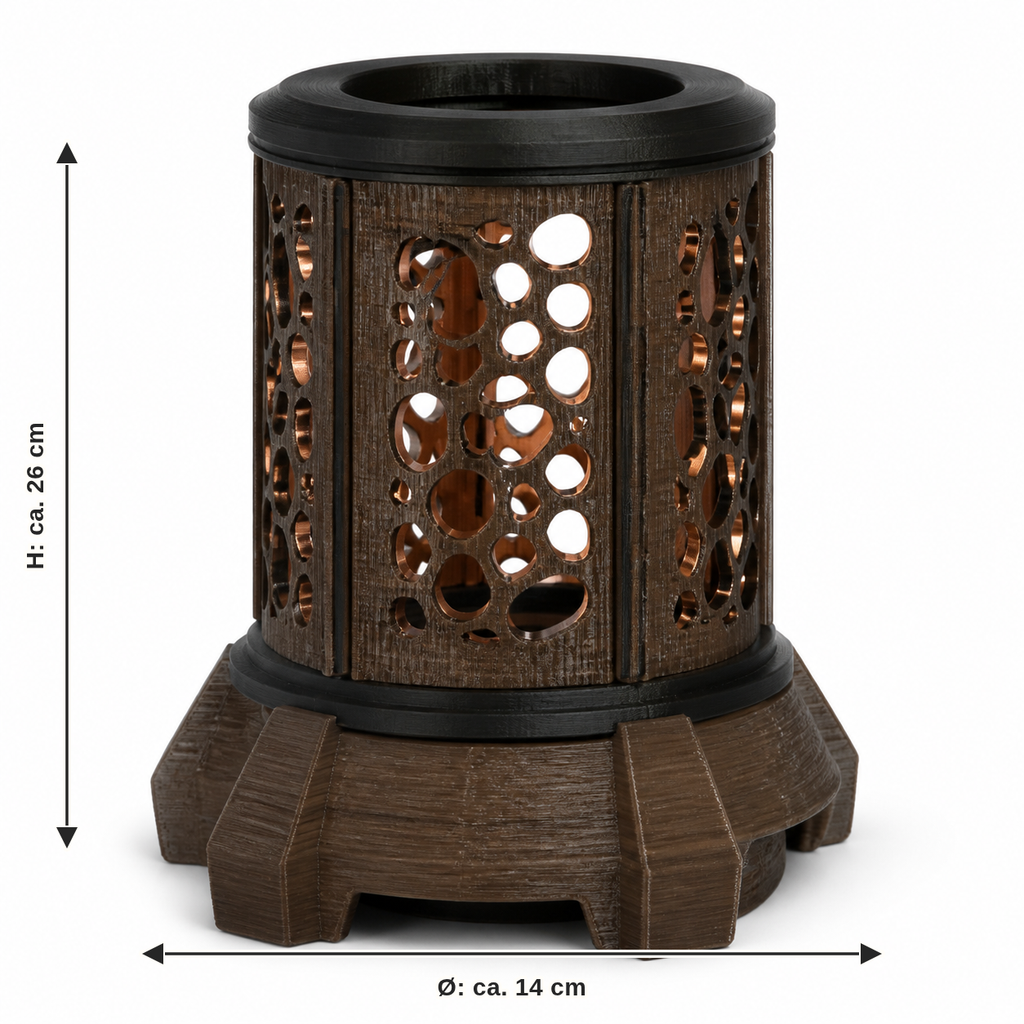 Maßbild für Zylindrische LED-Leuchte in dunkler Fassoptik: Durchmesser ca. 14 cm, Höhe ca. 26 cm