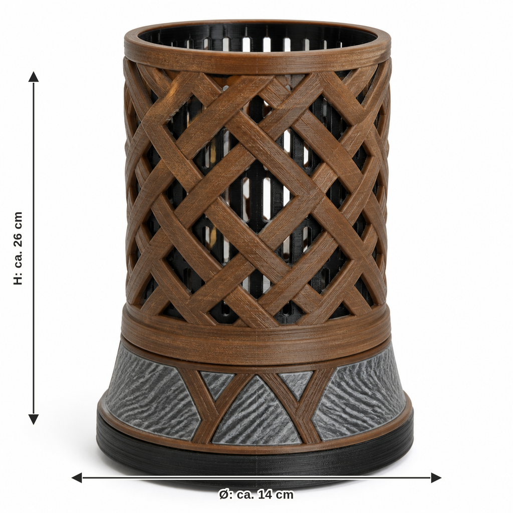 Maßbild für Zylindrische LED-Leuchte mit Flechtgitter – Nordisch & Mythisch: Durchmesser ca. 14 cm, Höhe ca. 26 cm