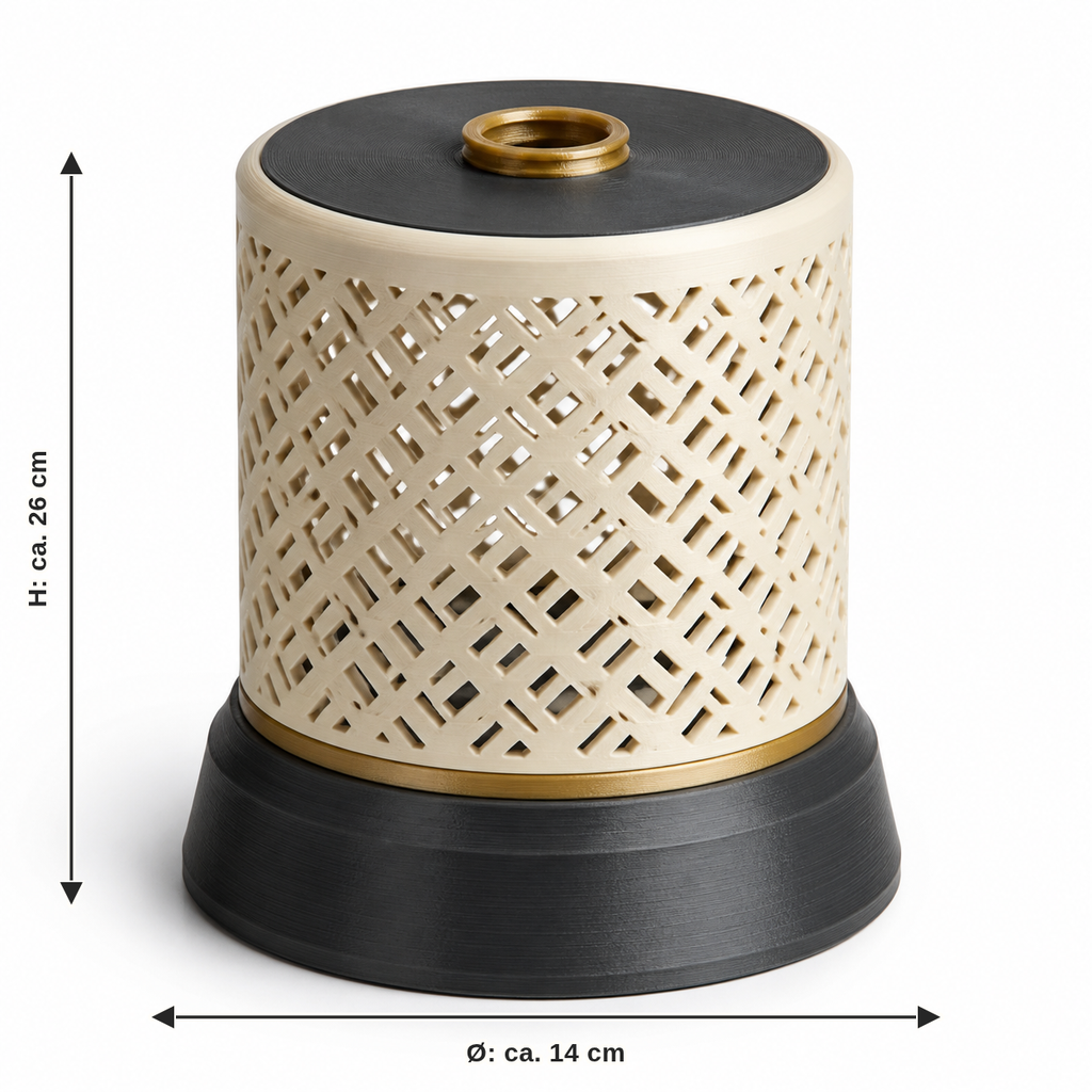 Measurement for cylindrical LED light with braided grid – Timeless: diameter approx. 14 cm, height approx. 26 cm