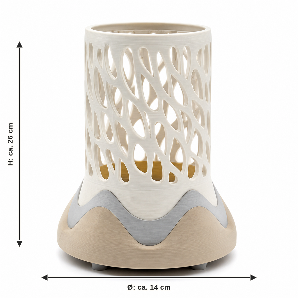Maßbild für Zylindrische LED-Leuchte mit ruhigem Blattgitter: Durchmesser ca. 14 cm, Höhe ca. 26 cm