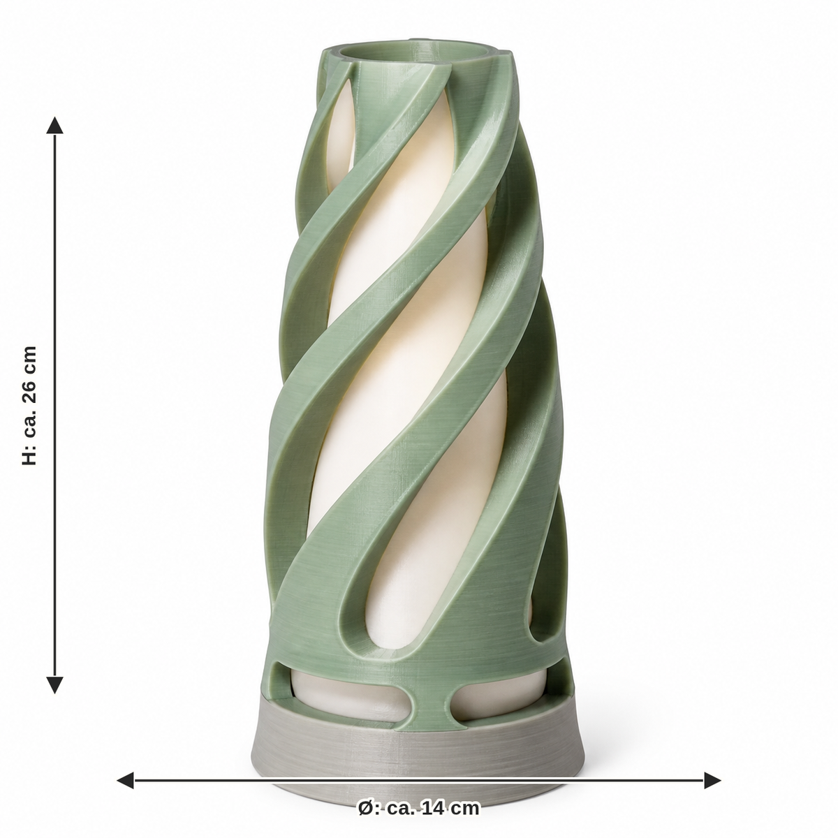 Maßbild für Zylindrische LED-Leuchte mit sanften Spiralbändern: Durchmesser ca. 14 cm, Höhe ca. 26 cm