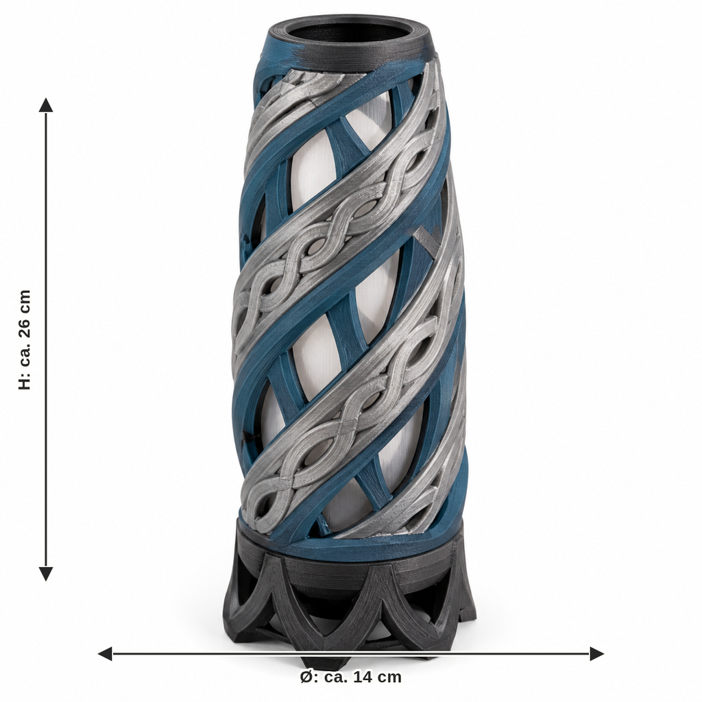 Maßbild für Zylindrische LED-Leuchte mit Spiralrunen: Durchmesser ca. 14 cm, Höhe ca. 26 cm