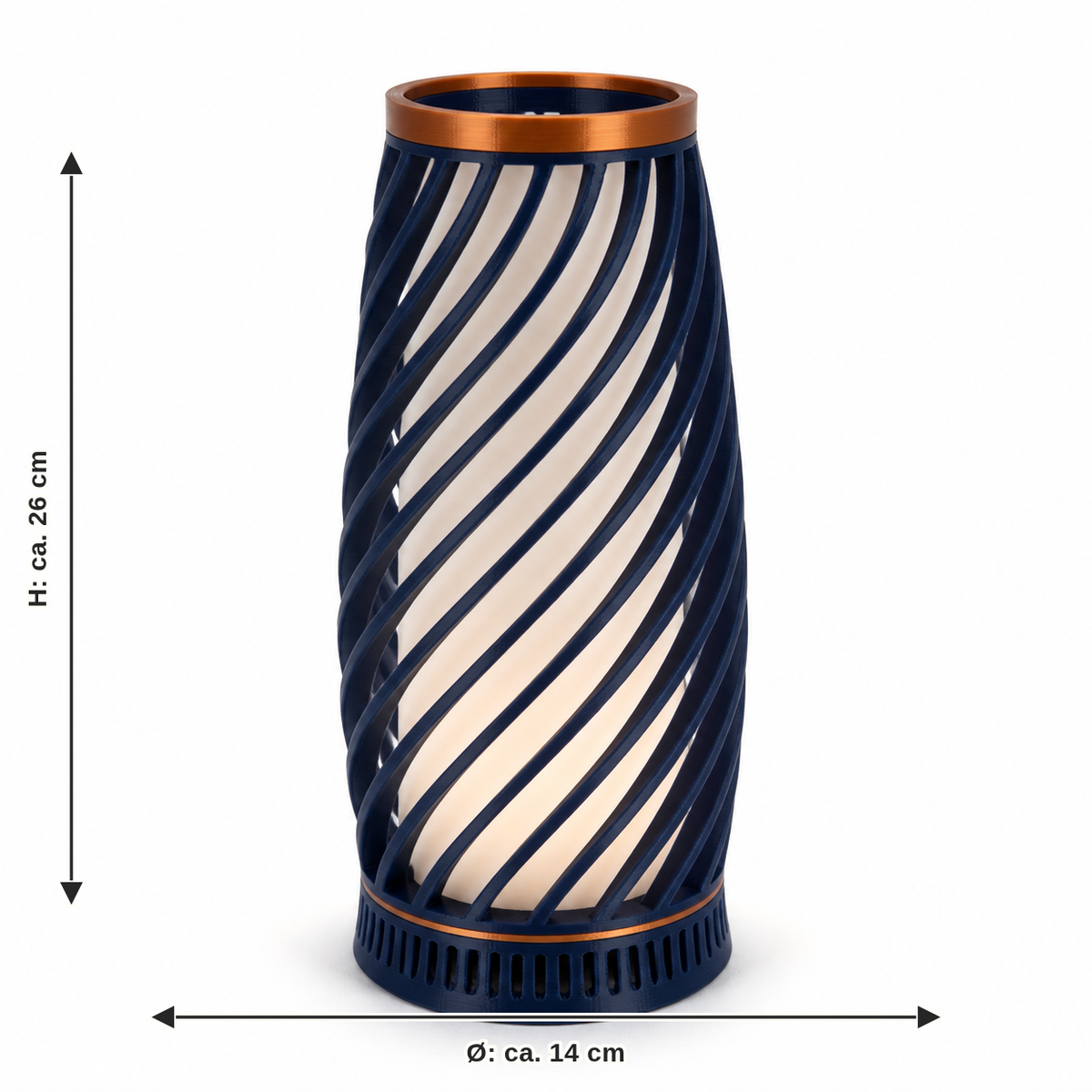 Maßbild für Zylindrische LED-Leuchte mit Spiralstreben – Zeitlos: Durchmesser ca. 14 cm, Höhe ca. 26 cm