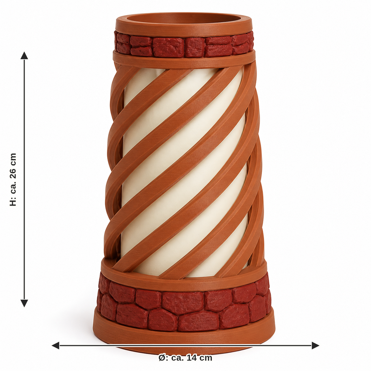 Maßbild für Zylindrische LED-Leuchte mit Terrakottaspirale: Durchmesser ca. 14 cm, Höhe ca. 26 cm