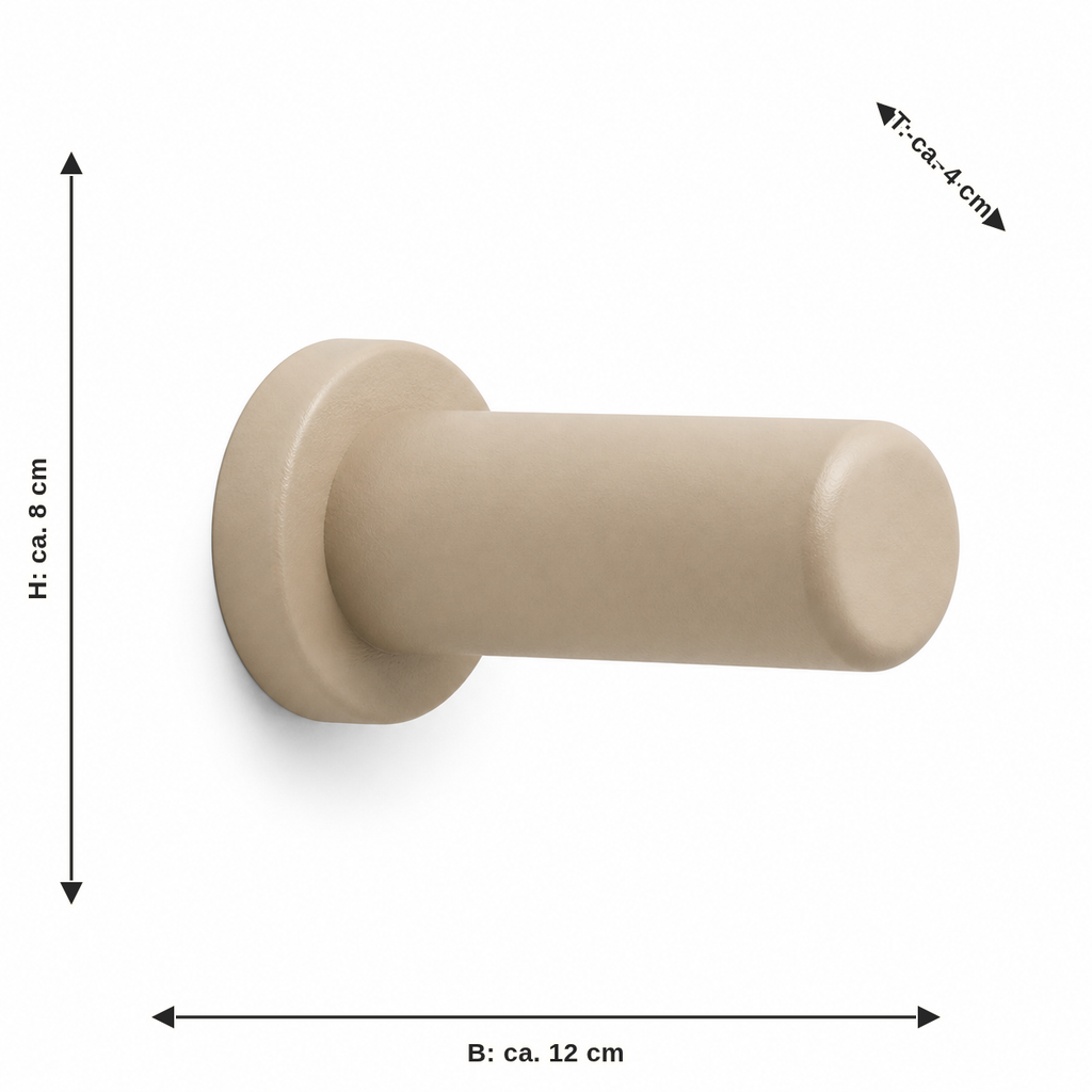 Maßbild für Zylindrischer Raffhalter in Sandbeige: Breite ca. 12 cm, Tiefe ca. 4 cm, Höhe ca. 8 cm