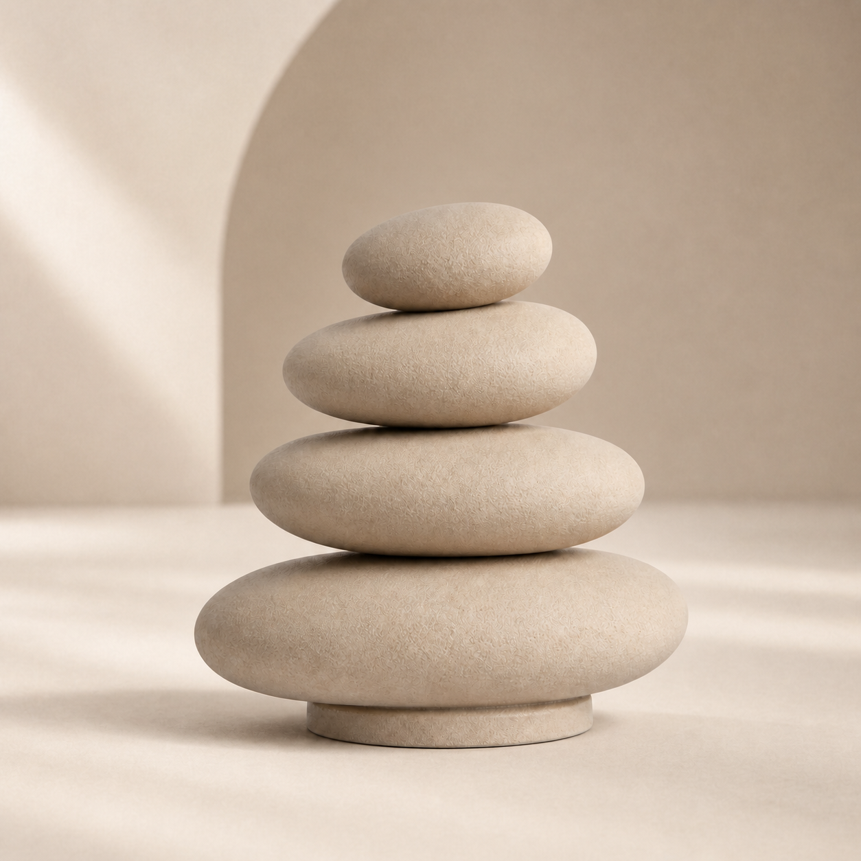 Balance-Skulptur aus vier Kieseln in Sandbeige – Beispielartikel im Stil Minimalistisch
